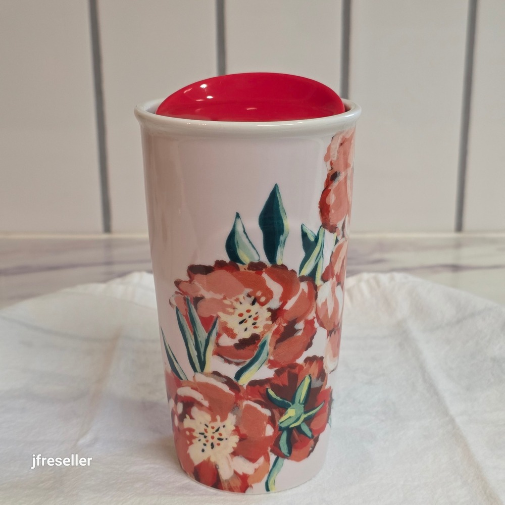 Starbucks 2015 Floral Ceramic Travel Tumbler Mug Red/Pink Poppy 10oz with Lid